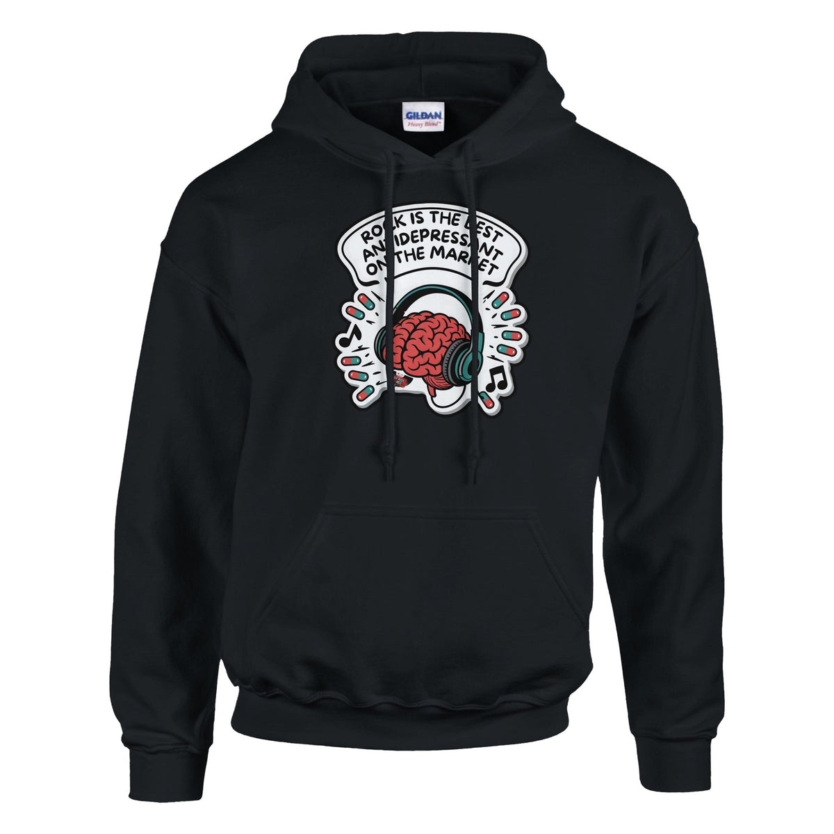 Felpa con cappuccio nera con lo slogan in inglese «Rock is the best antidepressant on the market»