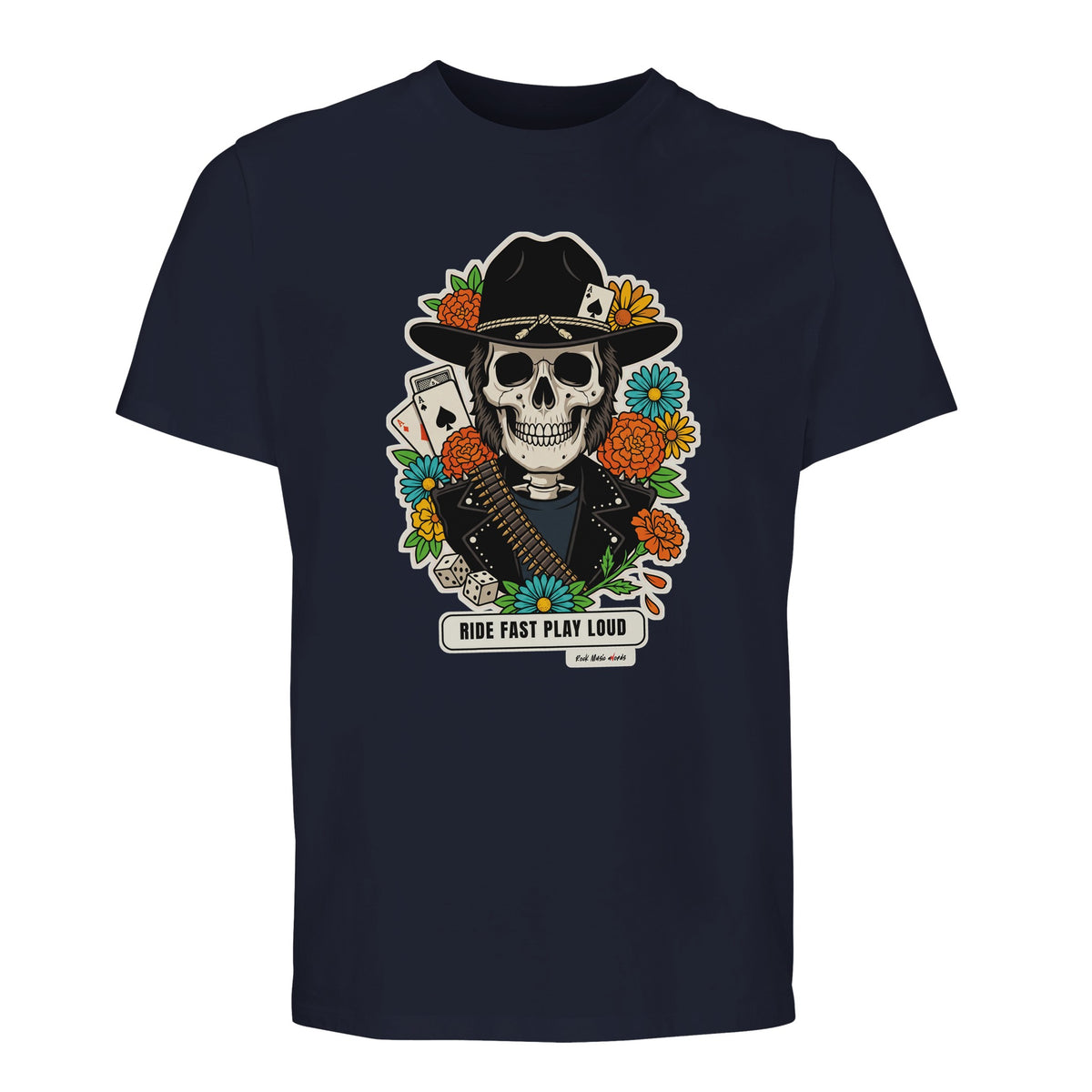 T-shirt Premium blu navy con la calavera Ride Fast Play Loud