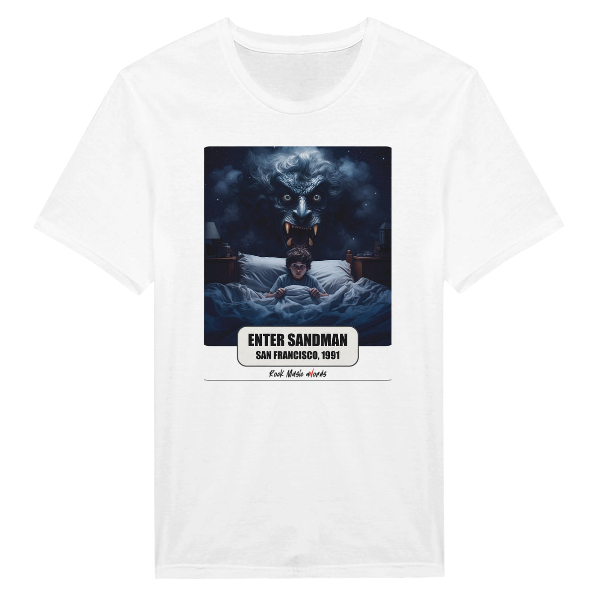 La t-shirt bianca vista da vicino: stampa Rock Art «Enter Sandman – San Francisco, 1991»
