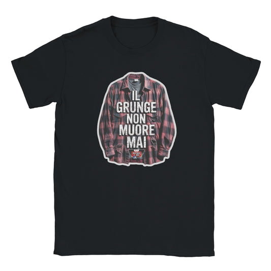 T-shirt nera con la scritta «Il grunge non muore mai»