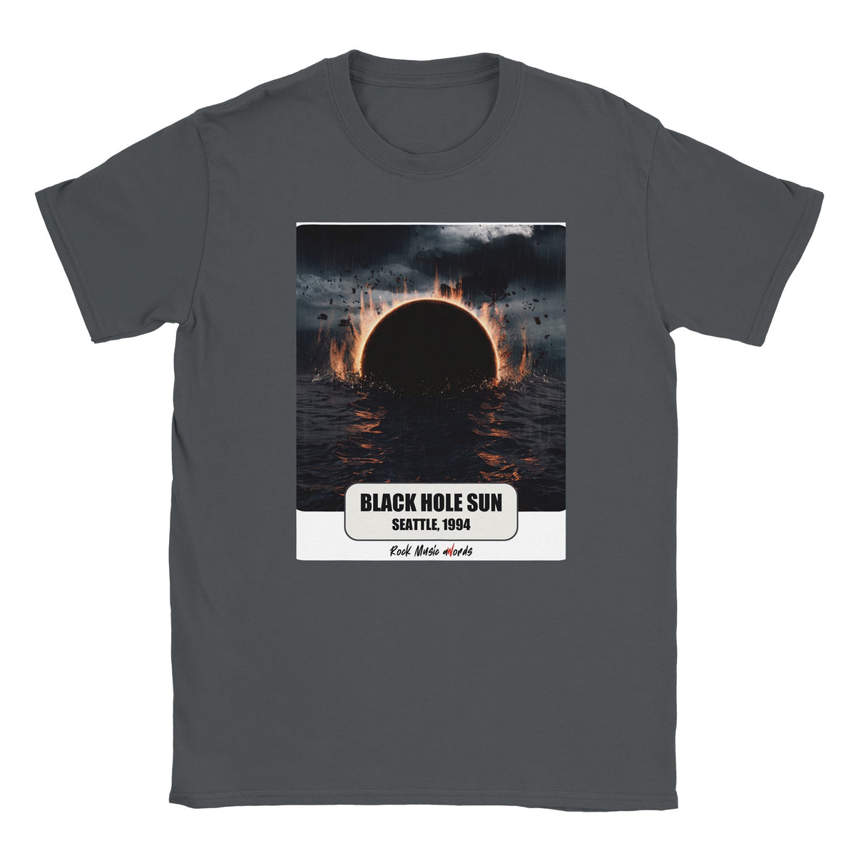 T-shirt grigio antracite con la stampa Rock Art «Black Hole Sun – Seattle, 1994»