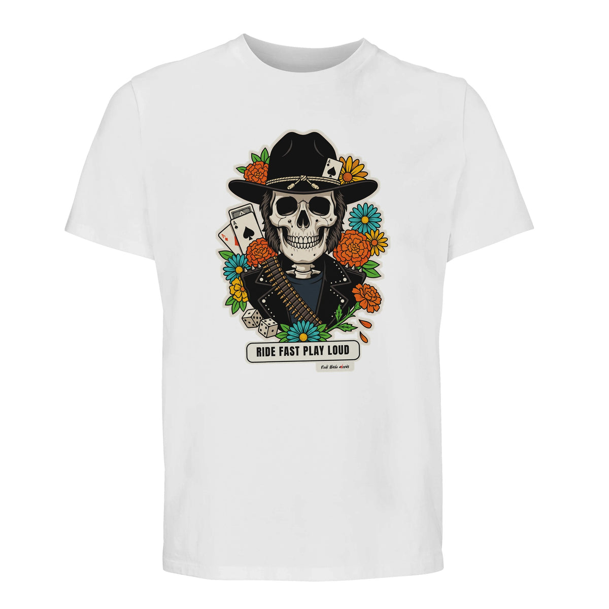 T-shirt Premium bianca con la calavera Ride Fast Play Loud