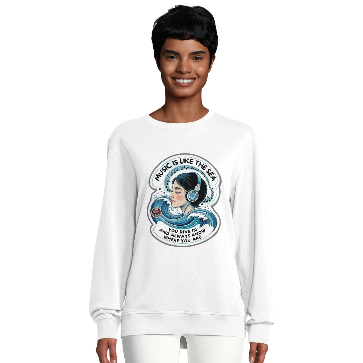 Felpa biologica con lo slogan «Music is like the sea»