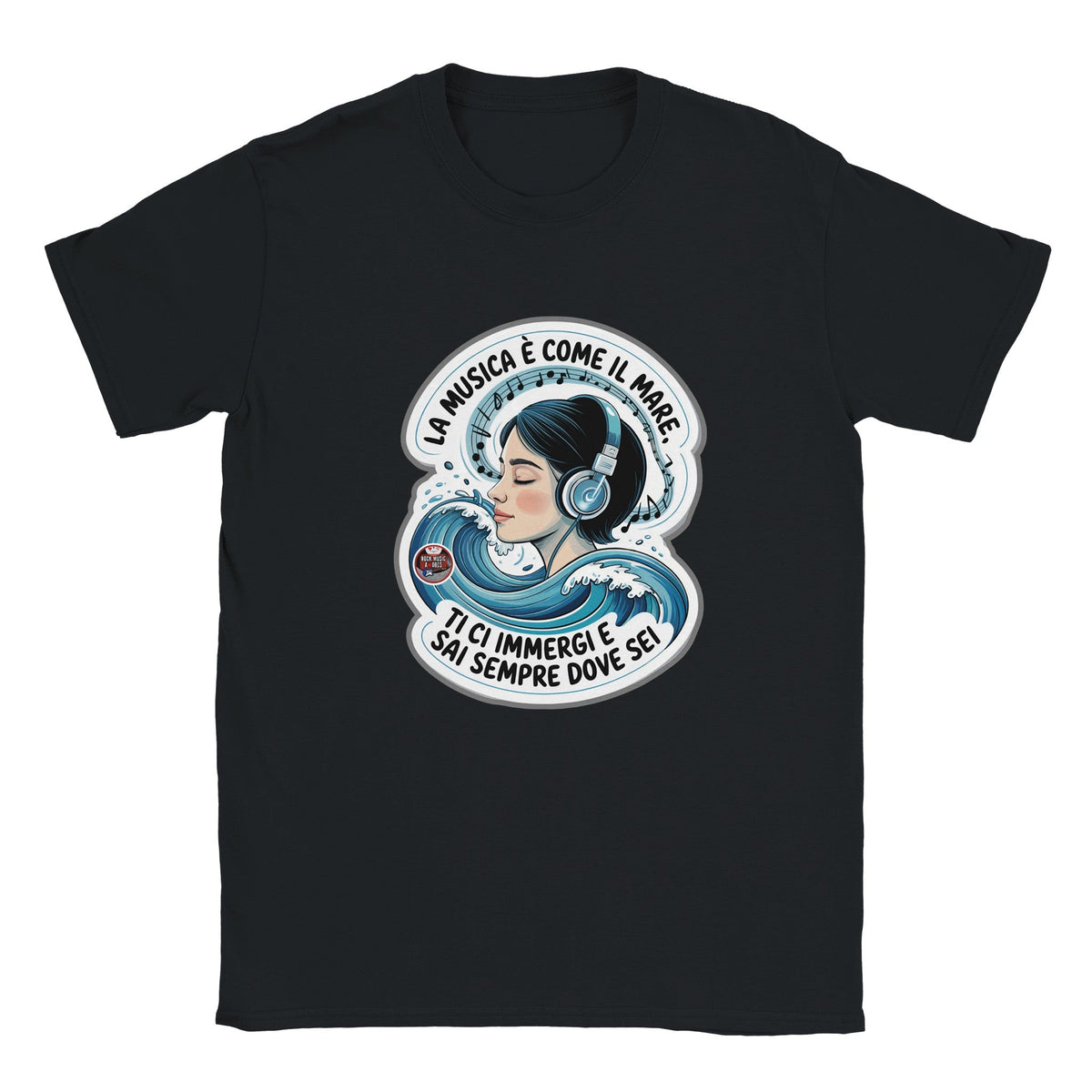 T-Shirt Music is Like the Sea, Nero, scritta in italiano
