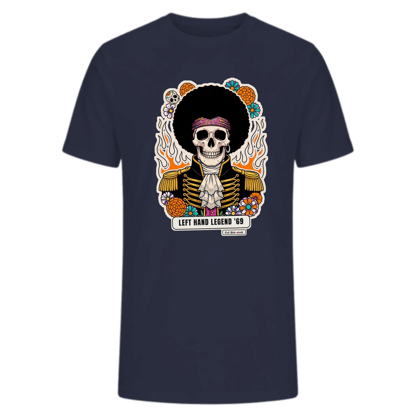 T-shirt premium blu navy con teschio psichedelico «Left Hand Legend '69» — Calaveras del Rock, Rock Music aWords