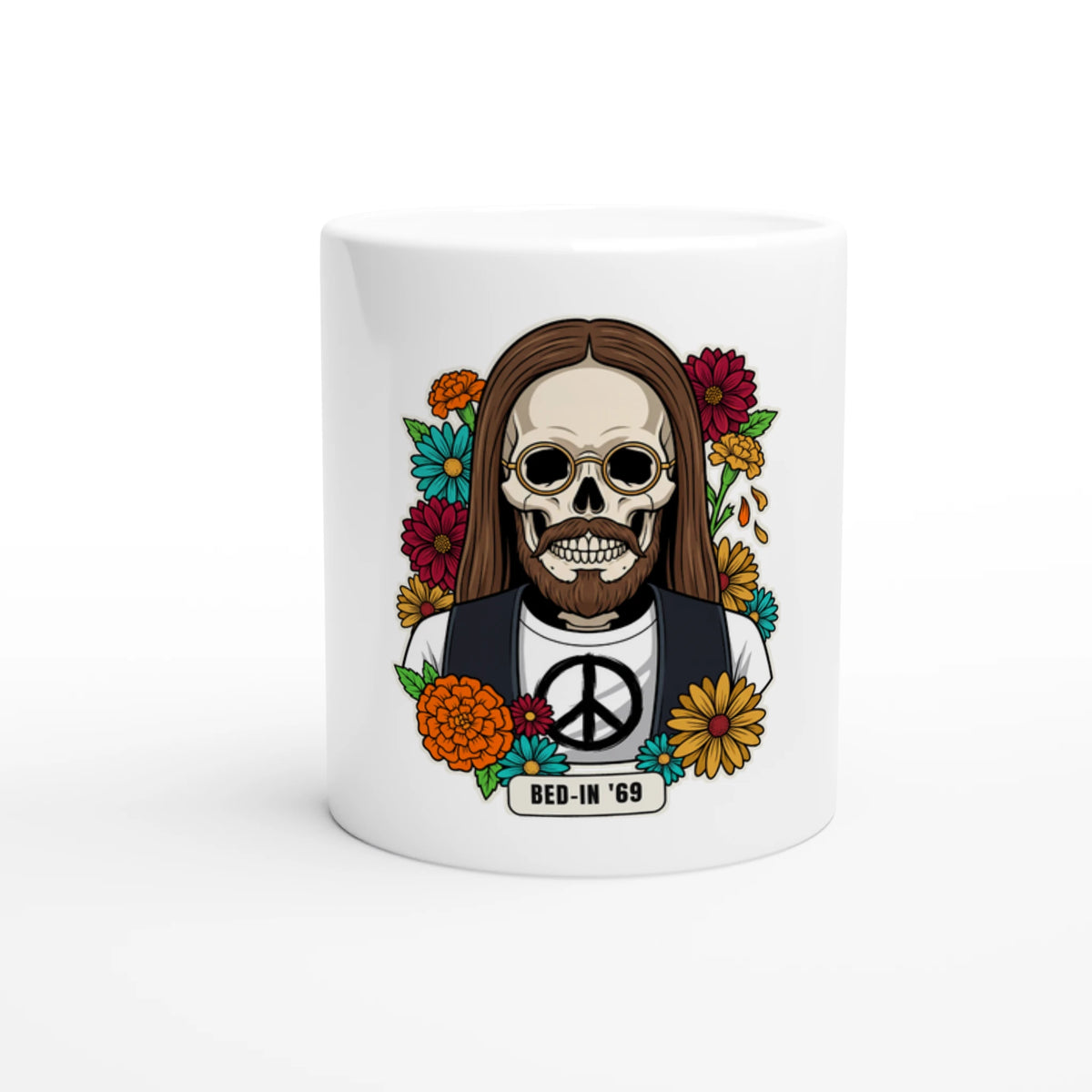 Tazza in ceramica bianca con la calavera «Bed-In '69» delle Calaveras del Rock, vista di fronte