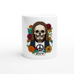 Tazza in ceramica bianca con la calavera «Bed-In '69» delle Calaveras del Rock, vista di fronte