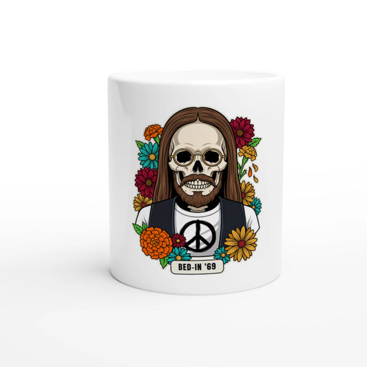 Tazza in ceramica bianca con la calavera «Bed-In '69» delle Calaveras del Rock, vista di fronte