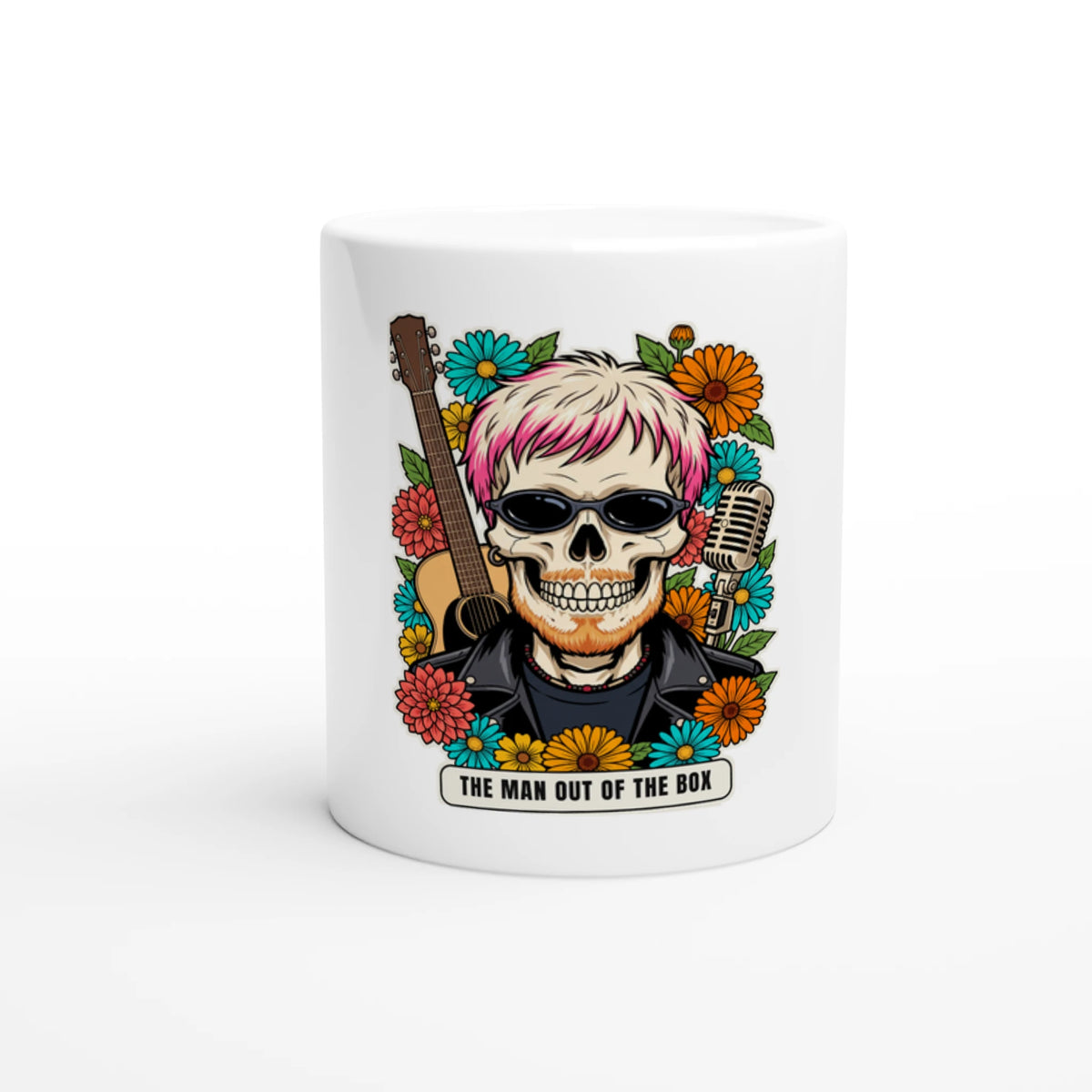 Tazza in ceramica bianca con la calavera «The Man Out of the Box» delle Calaveras del Rock, vista di fronte