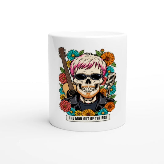 Tazza in ceramica bianca con la calavera «The Man Out of the Box» delle Calaveras del Rock, vista di fronte