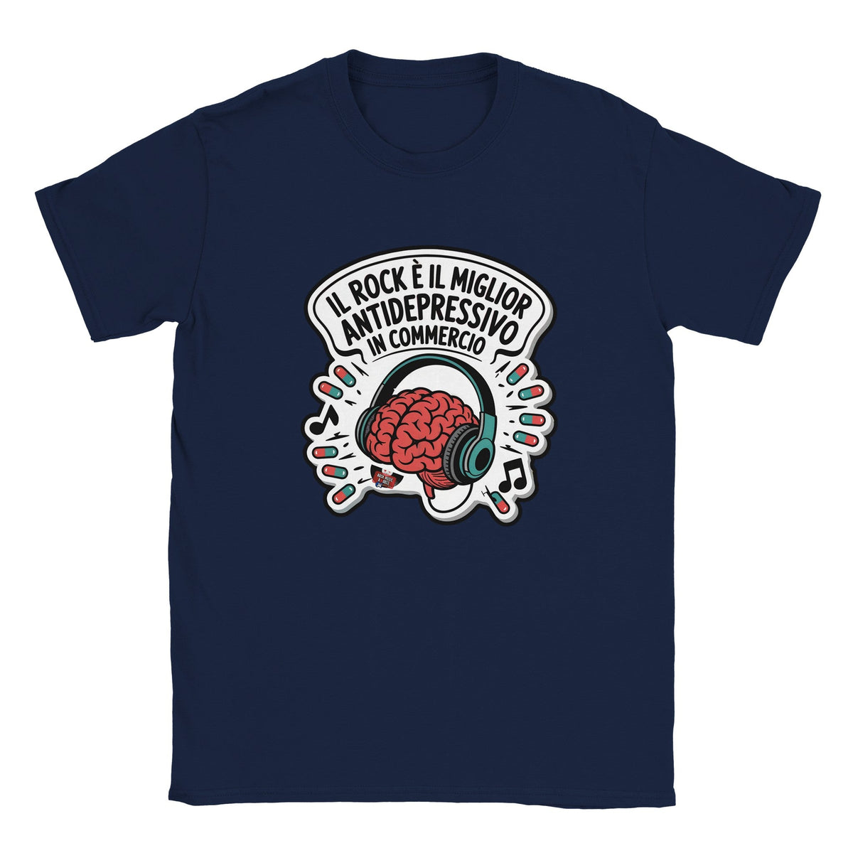 T-shirt blu navy con lo slogan «Il rock è il miglior antidepressivo in commercio»