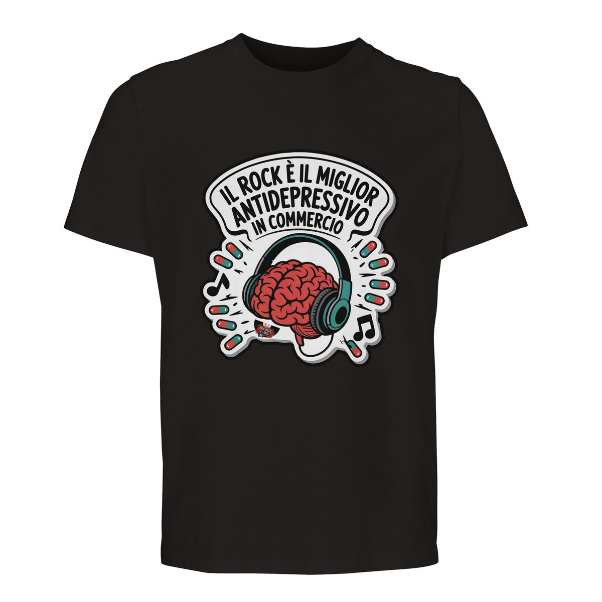 T-shirt Premium nera con lo slogan «Il rock è il miglior antidepressivo in commercio»