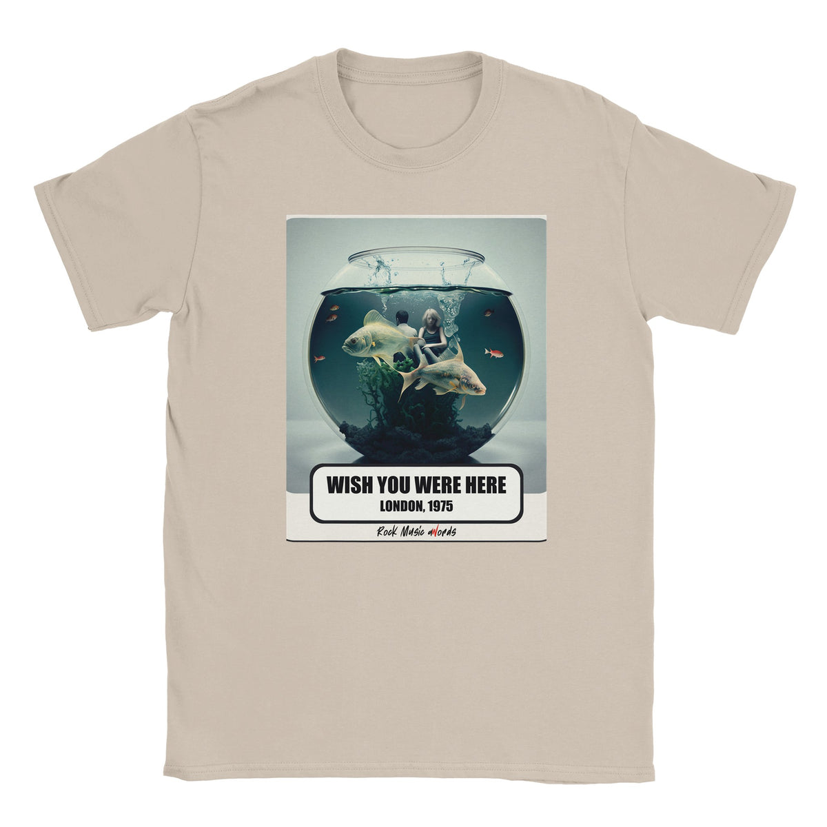 T-shirt color sabbia con la stampa Rock Art «Wish You Were Here – London, 1975»