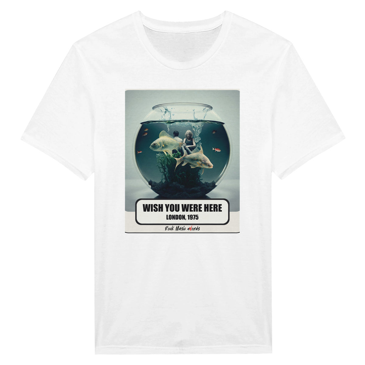 La t-shirt bianca vista da vicino: stampa Rock Art «Wish You Were Here – London, 1975»
