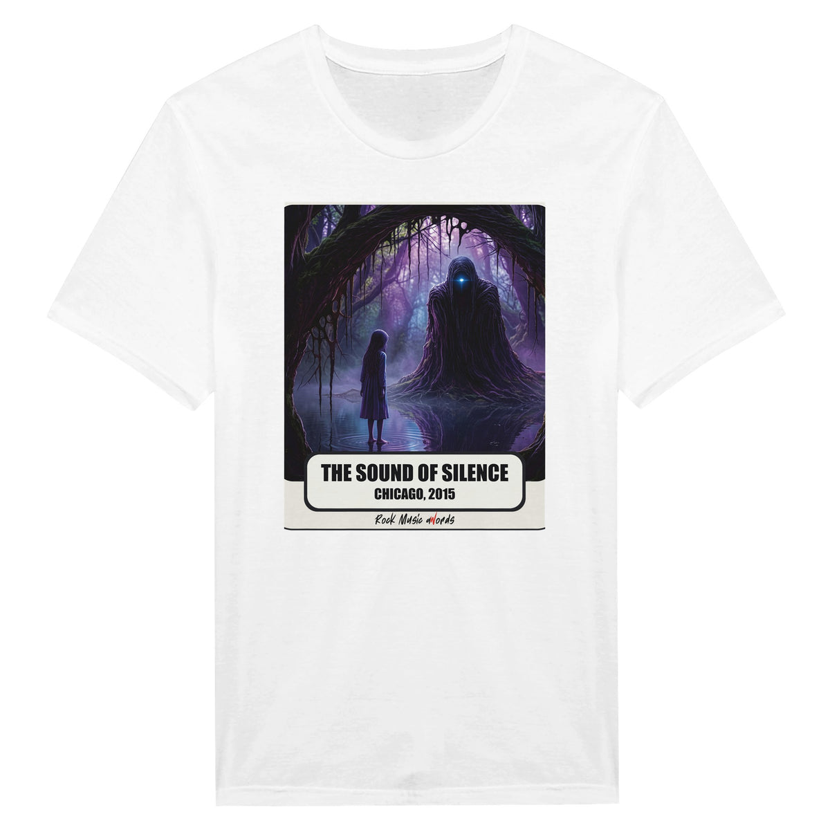 La t-shirt bianca vista da vicino: stampa Rock Art «The Sound of Silence – Chicago, 2015»