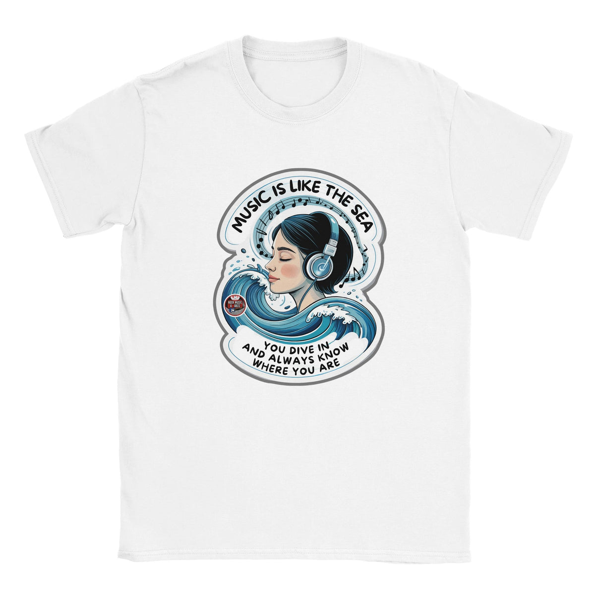 T-Shirt Music is Like the Sea, Bianco, scritta in inglese