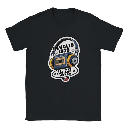 T-shirt nera con la scritta «1 luglio 1979: sto per cambiare il mondo»
