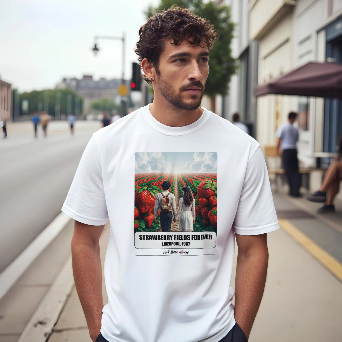 Uomo con capelli ricci e barba su un marciapiede di città indossa la t-shirt bianca con la stampa Rock Art «Strawberry Fields Forever – Liverpool, 1967»