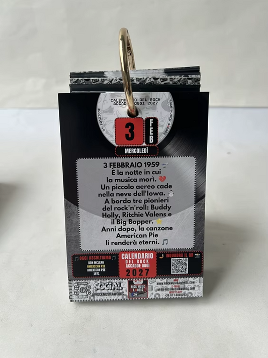 Calendario del Rock 2027 Accadde Oggi in piedi, aperto sulla pagina del 3 febbraio
