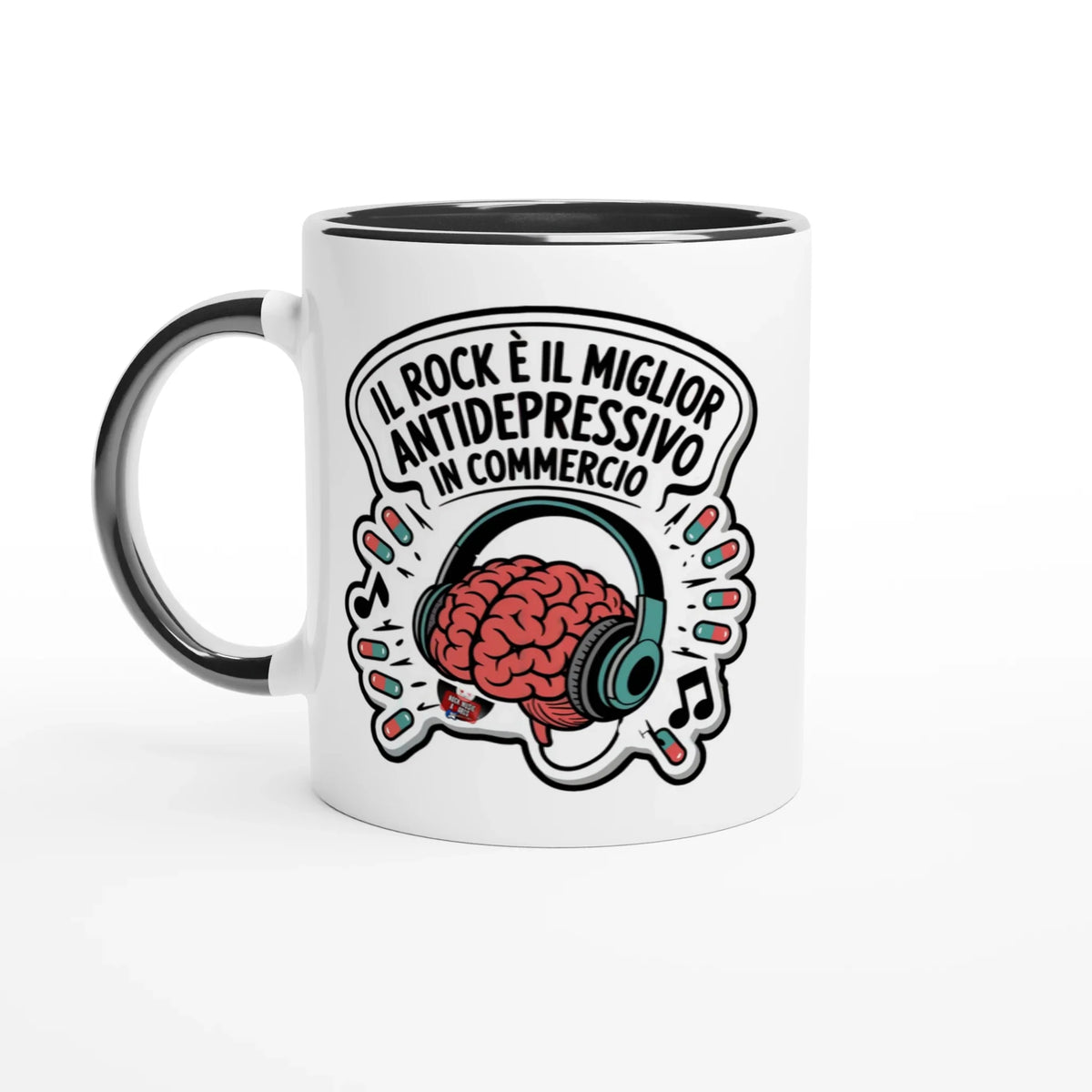 Tazza in ceramica bianca con lo slogan «Il rock è il miglior antidepressivo in commercio»