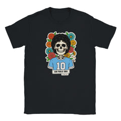 T-shirt nera con la calavera San Paolo 1984: teschio dai riccioli neri con maglia azzurra numero 10