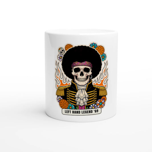 Tazza in ceramica bianca con la calavera «Left Hand Legend» delle Calaveras del Rock, vista di fronte