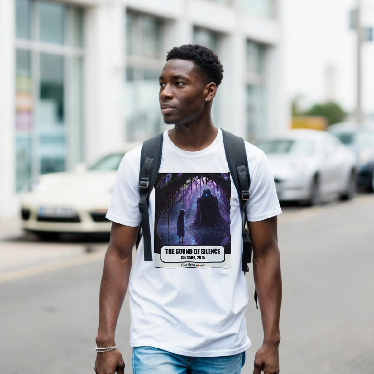 Ragazzo con zaino nero e jeans cammina per una via di città indossando la t-shirt bianca con la stampa Rock Art «The Sound of Silence – Chicago, 2015»