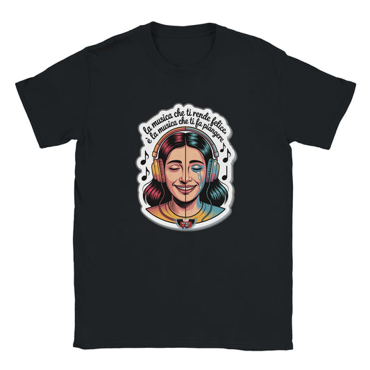 T-shirt nera con la scritta «La musica che ti rende felice è la musica che ti fa piangere»
