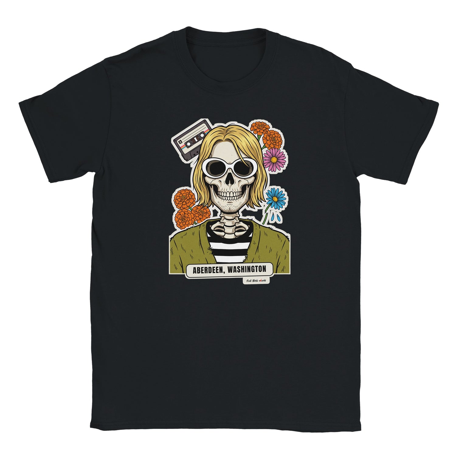 T-shirt nera con la calavera Aberdeen: teschio dai capelli biondi, occhiali ovali, cardigan verde e fiori messicani