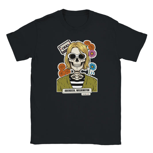 T-shirt nera con la calavera Aberdeen: teschio dai capelli biondi, occhiali ovali, cardigan verde e fiori messicani