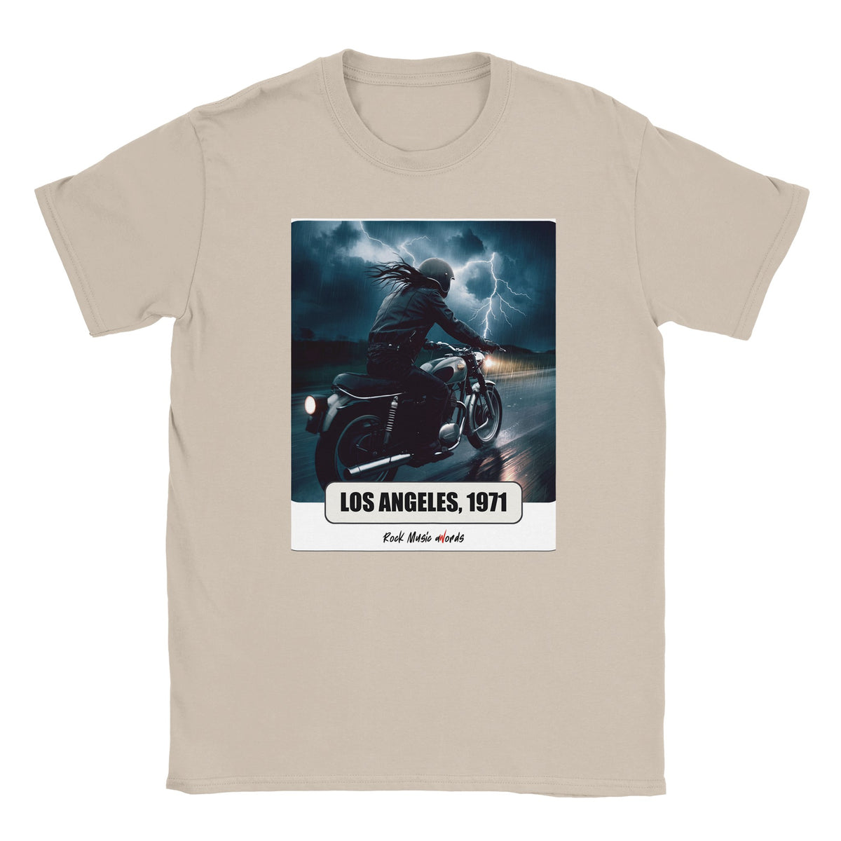 T-shirt color sabbia con la stampa Rock Art «Riders on the Storm – Los Angeles, 1971»