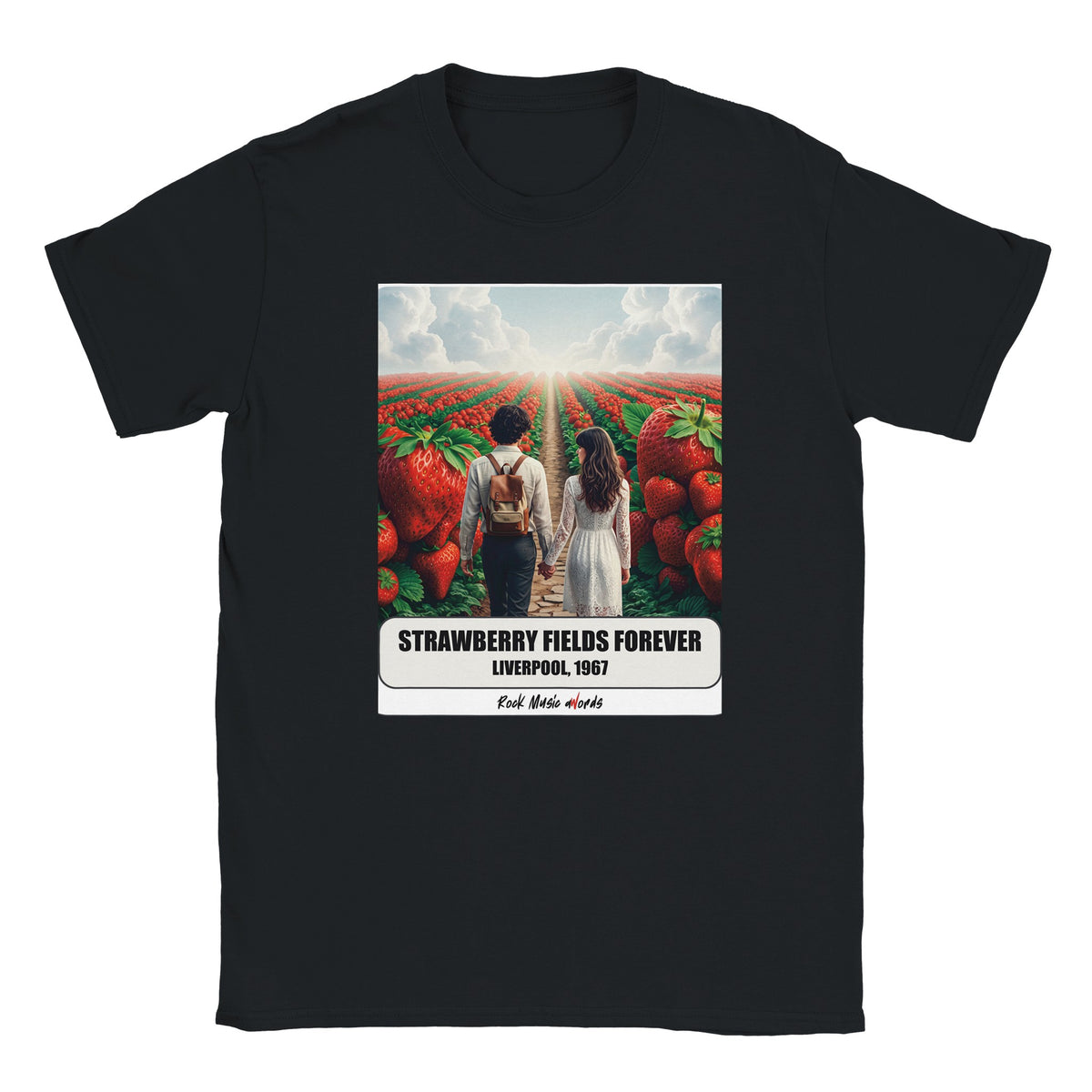 T-shirt nera con la stampa Rock Art «Strawberry Fields Forever – Liverpool, 1967»