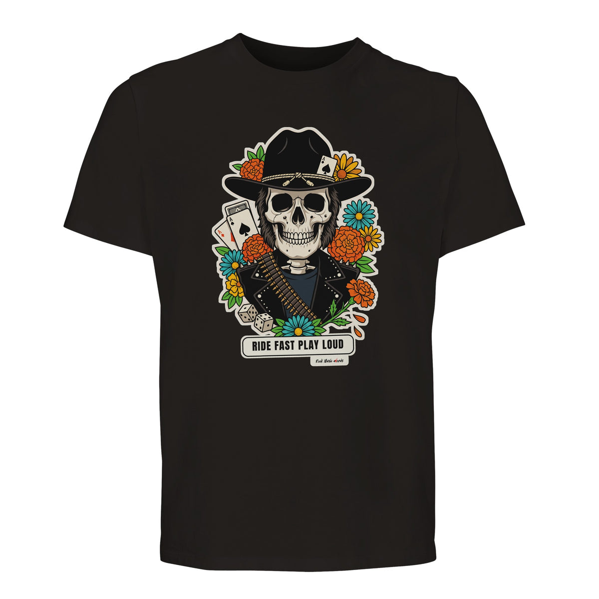 T-shirt Premium nera con la calavera Ride Fast Play Loud