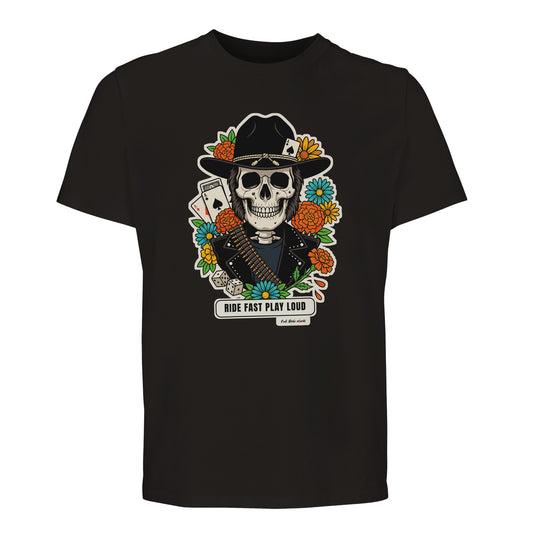 T-shirt Premium nera con la calavera Ride Fast Play Loud