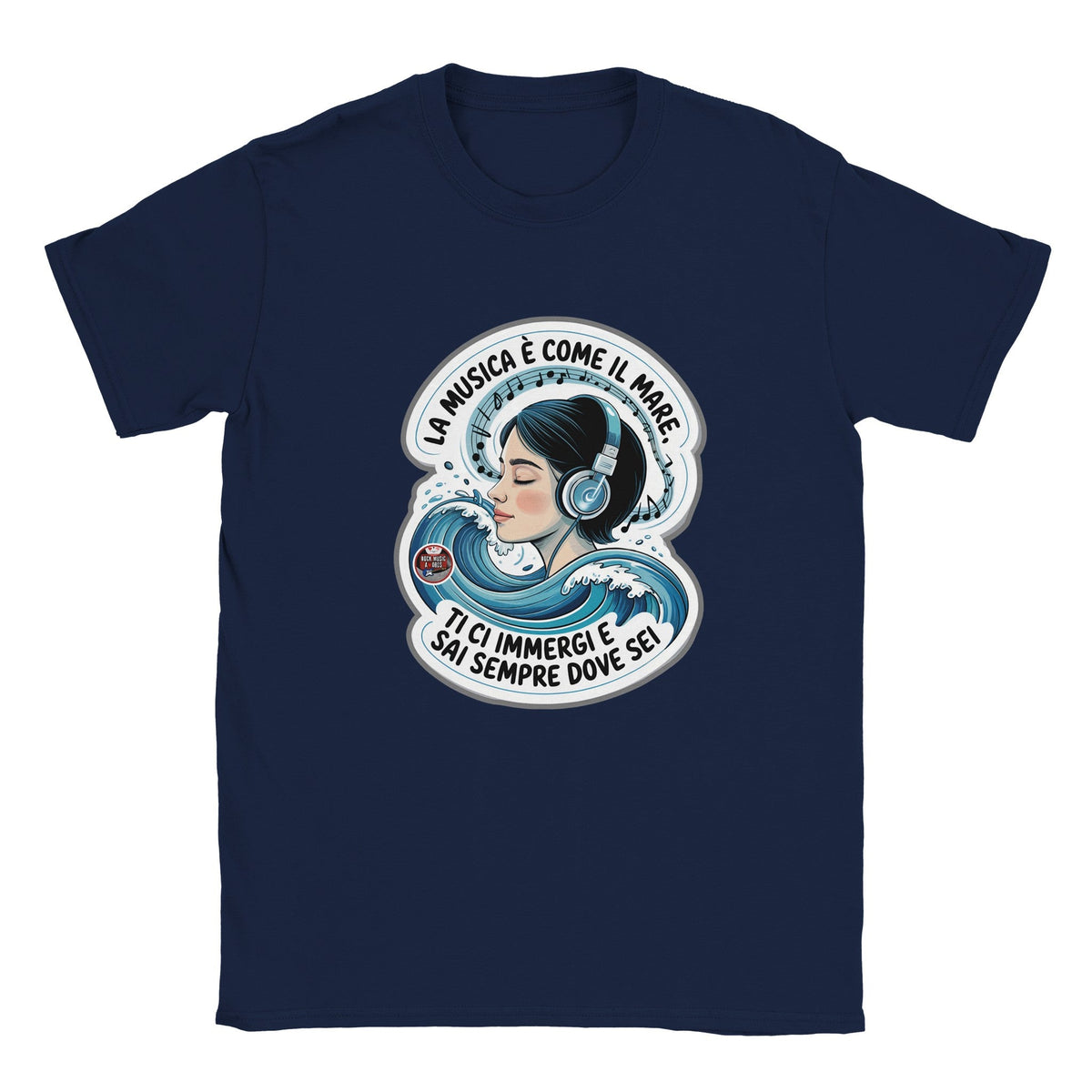 T-Shirt Music is Like the Sea, Blu navy, scritta in italiano