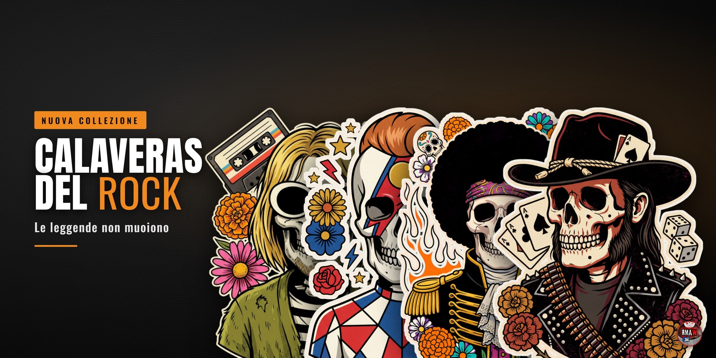 Calaveras del Rock — quattro teschi con i fiori del Día de los Muertos, nuova collezione Rock Music aWords