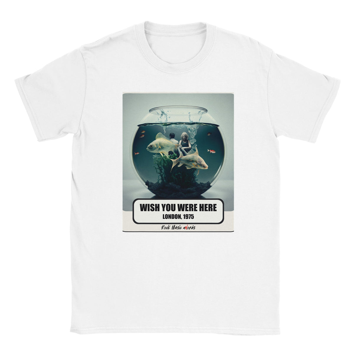 T-shirt bianca con la stampa Rock Art «Wish You Were Here – London, 1975»