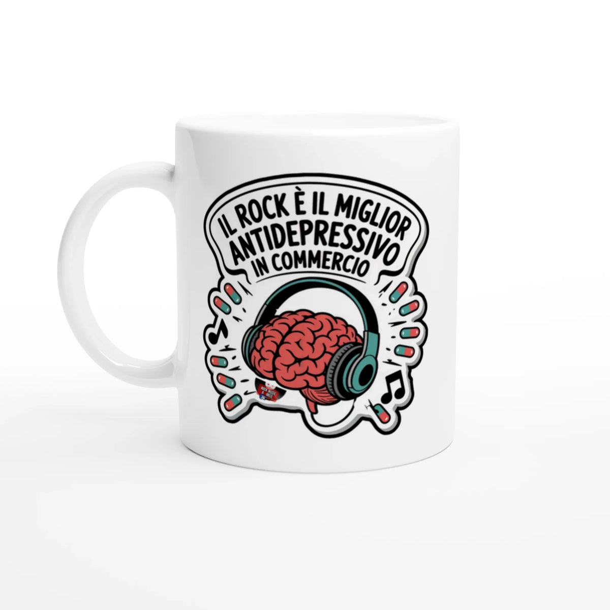 Tazza bianca con lo slogan «Il rock è il miglior antidepressivo in commercio»