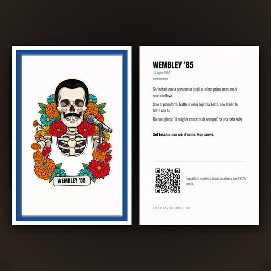 Calavera del Rock: fronte e retro della card 10 x 15 (Wembley '85)