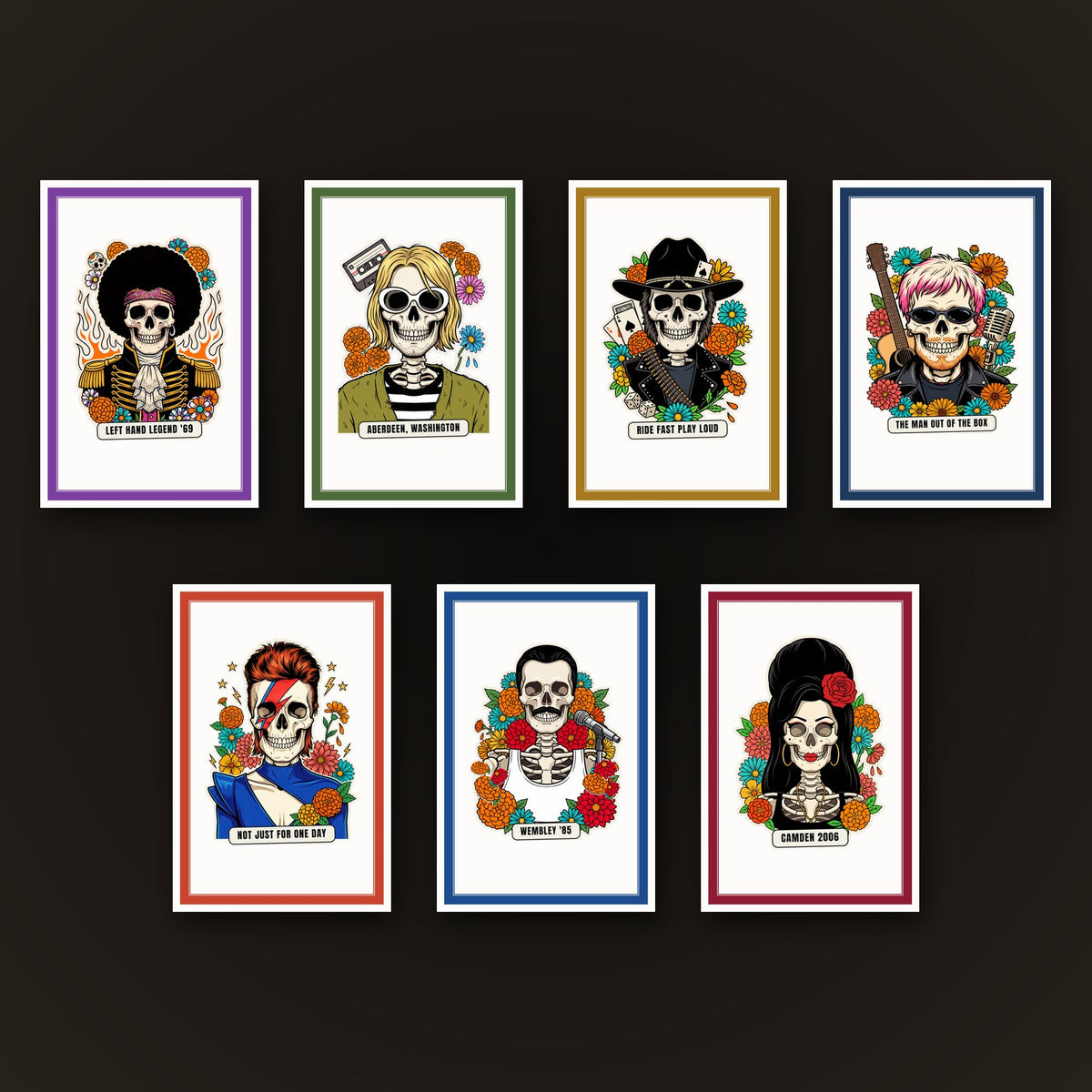La collana delle Calaveras del Rock, sette card incorniciate