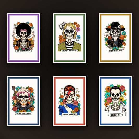 La collana delle Calaveras del Rock, sei card incorniciate