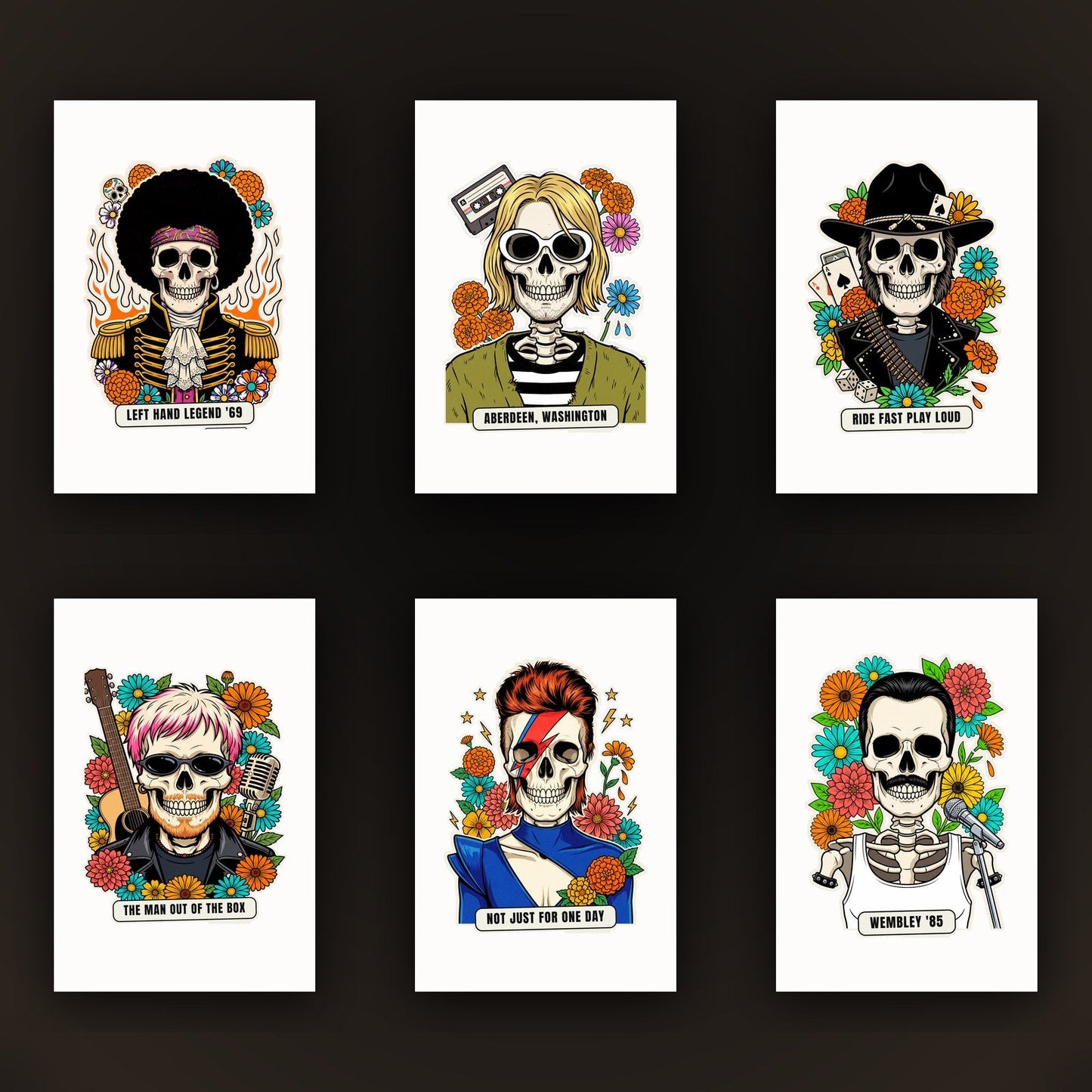 La collana delle Calaveras del Rock in fila nei portafoto