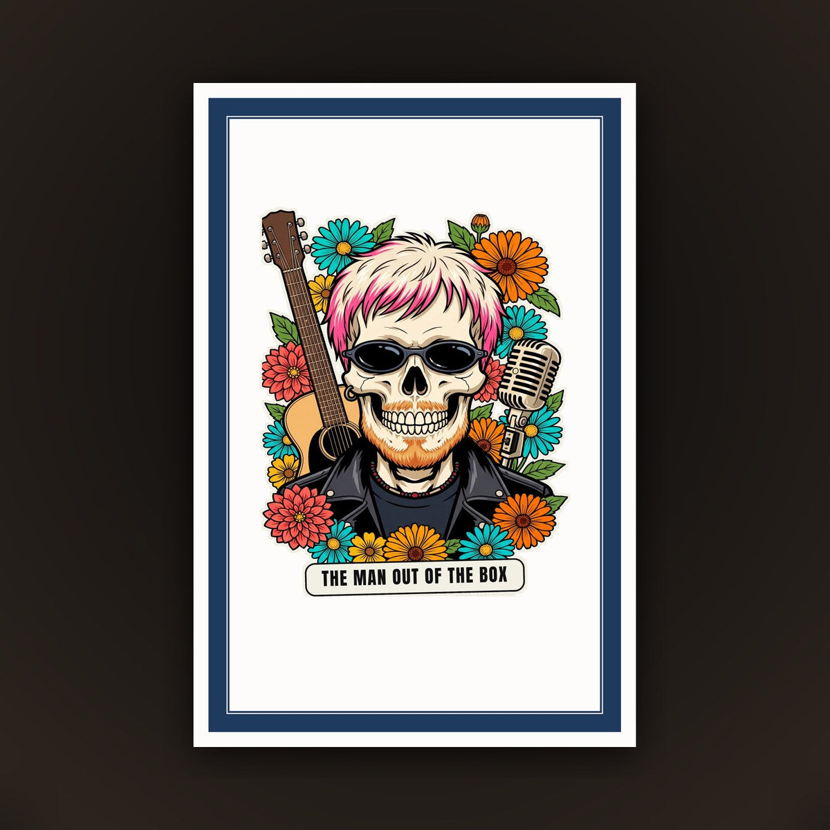 Calavera The Man Out of the Box, card 10 x 15 con cornice blu