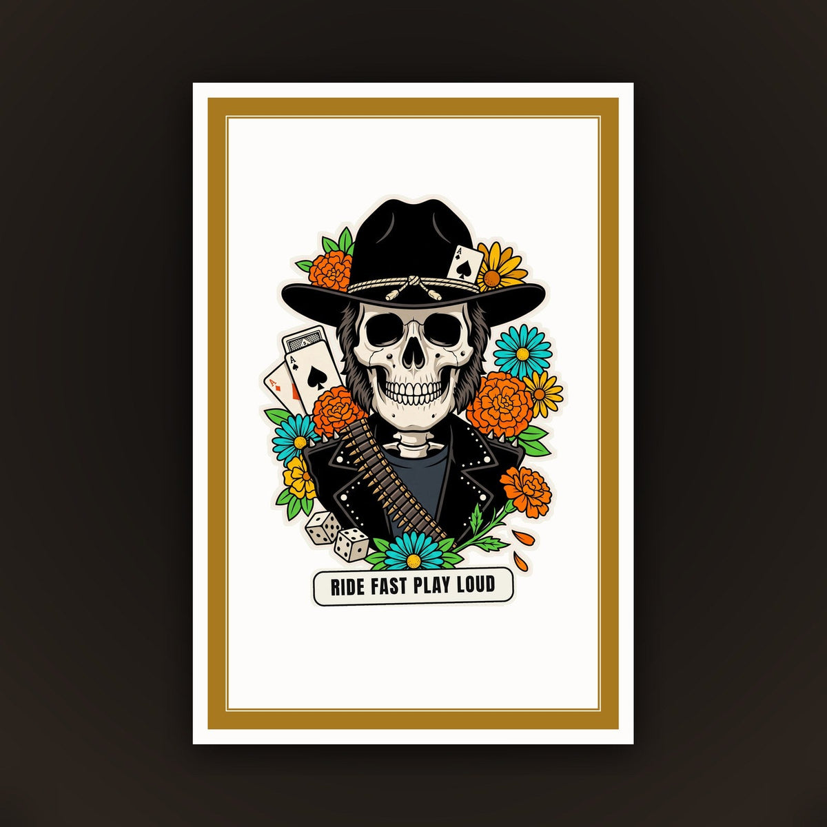Calavera Ride Fast Play Loud, card 10 x 15 con cornice ottone