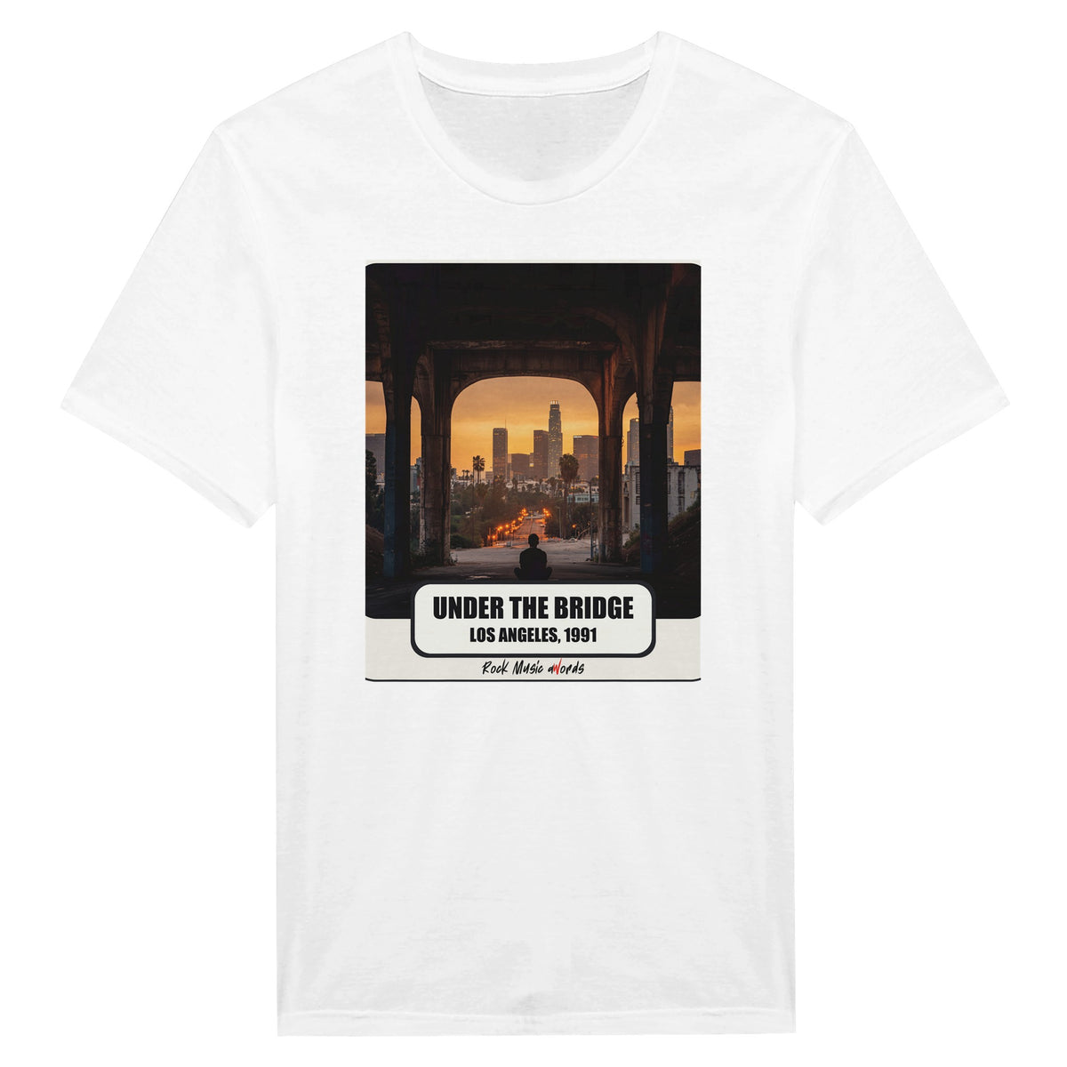 La t-shirt bianca vista da vicino: stampa Rock Art «Under the Bridge – Los Angeles, 1991»