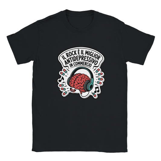 T-shirt nera con la scritta «Il rock è il miglior antidepressivo in commercio»