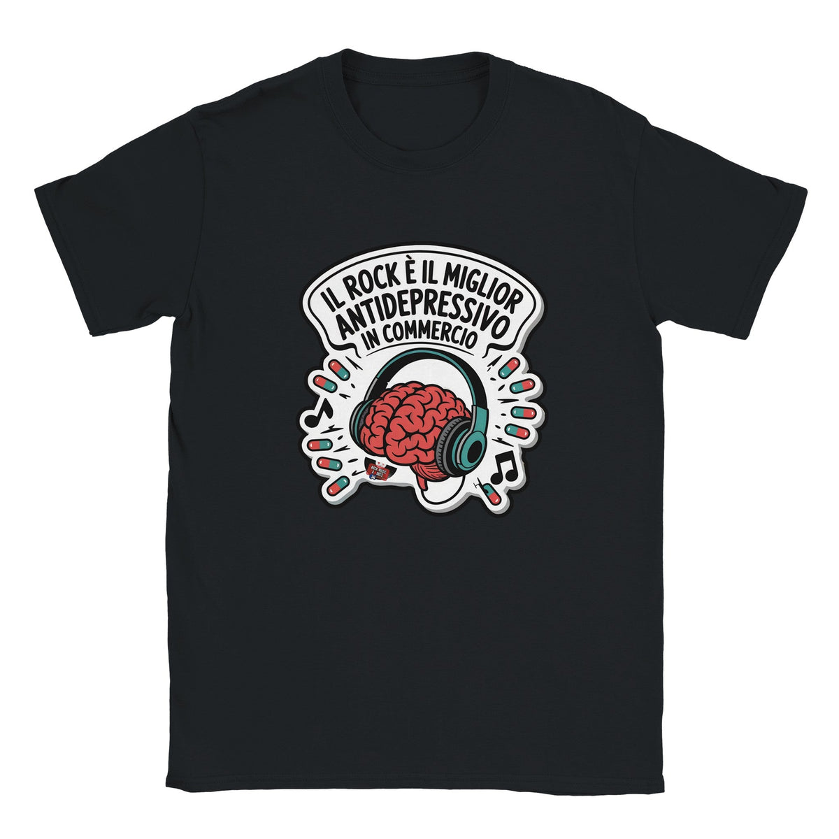 T-shirt nera con lo slogan «Il rock è il miglior antidepressivo in commercio»