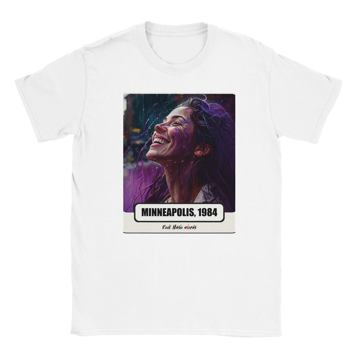 T-shirt bianca con la stampa Rock Art «Purple Rain – Minneapolis, 1984»