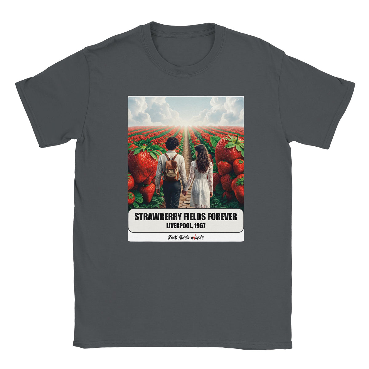 T-shirt grigio antracite con la stampa Rock Art «Strawberry Fields Forever – Liverpool, 1967»