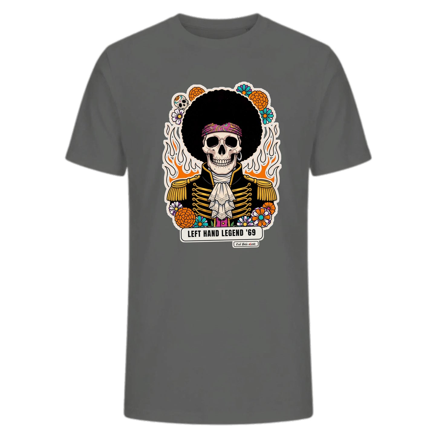 T-shirt premium grigio melange con teschio psichedelico «Left Hand Legend '69» — Calaveras del Rock, Rock Music aWords